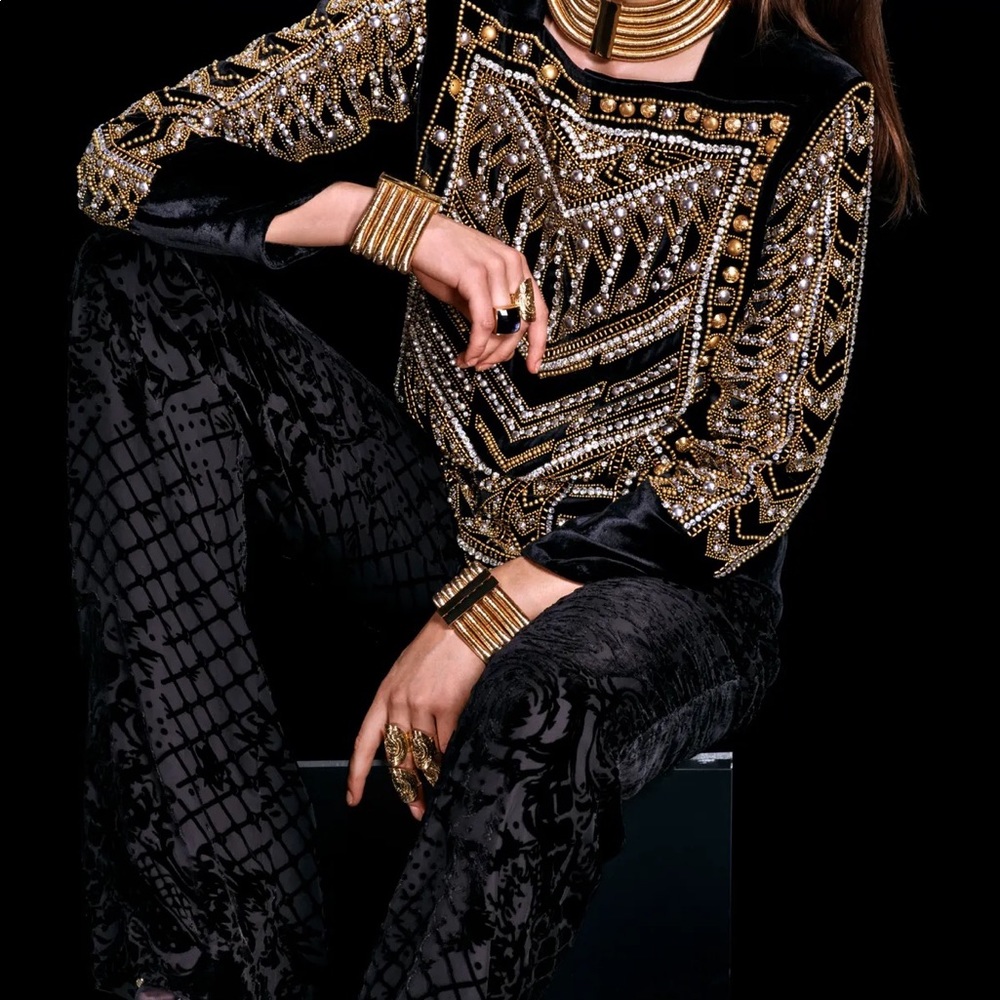 Balmain Black and Gold Embellished Trousers